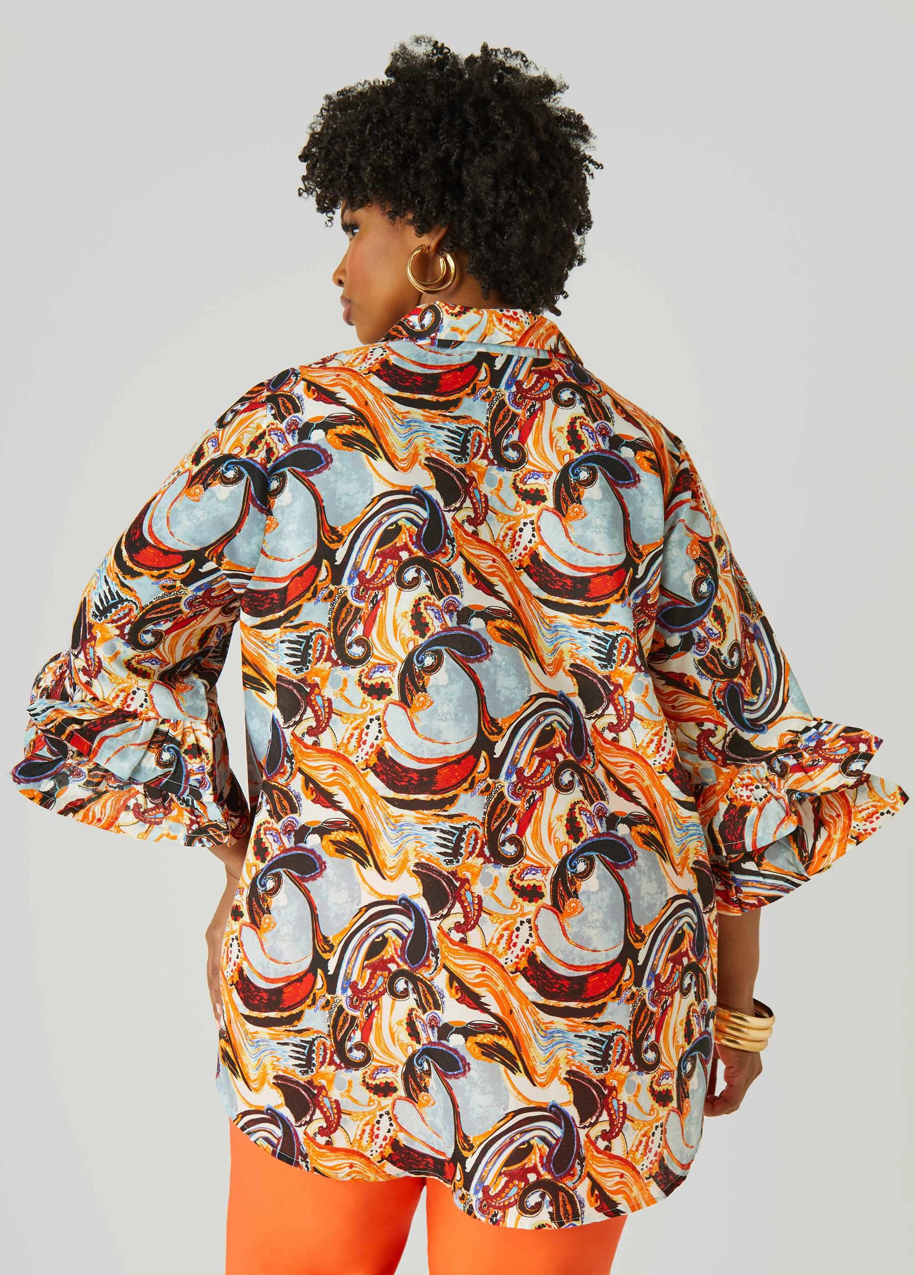 Plus Size Paisley Print Ruffle Sleeved Shirt Ashley Stewart Product Image