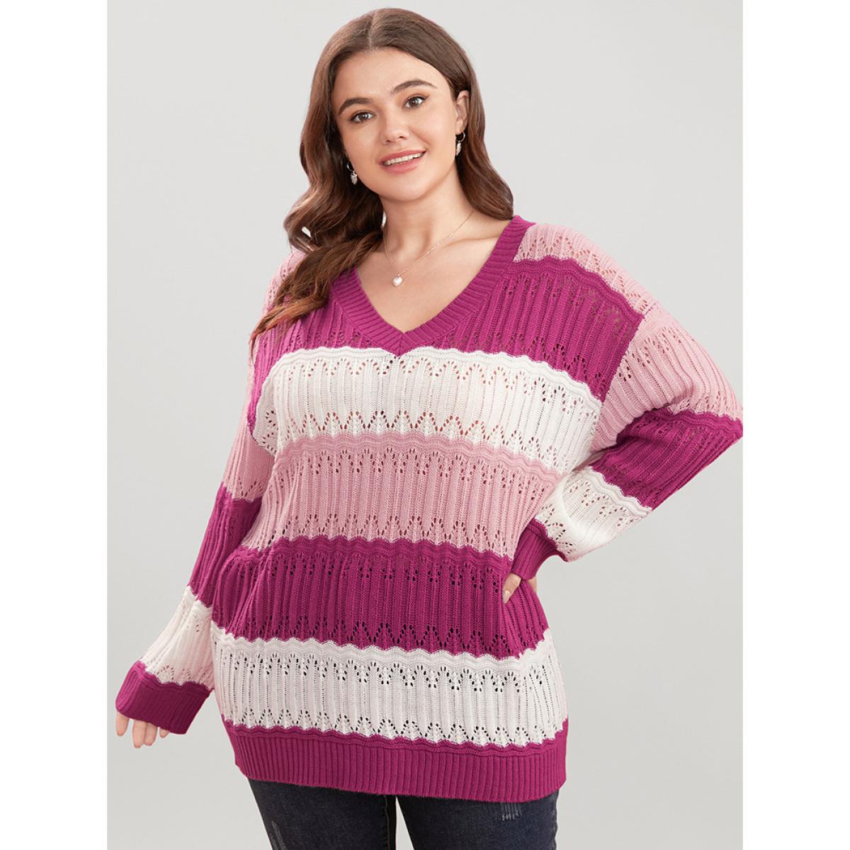 Plus Size Colorblock Contrast Pointelle Knit Cut Out V Neck Knit Top Multicolor Women Casual Loose Long Sleeve V-neck Dailywear Pullovers BloomChic 14-16/1X Product Image