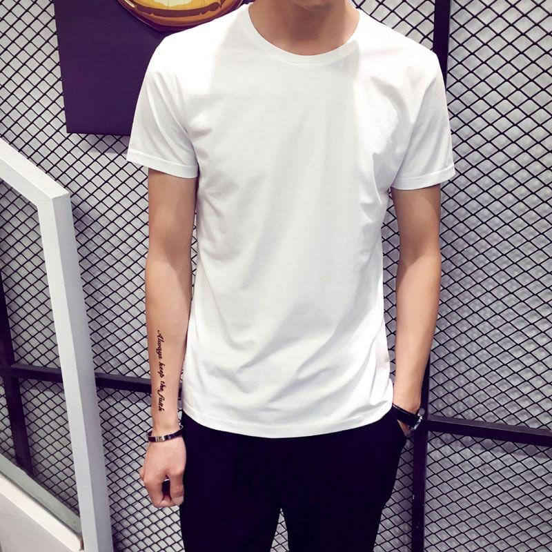 Short-Sleeve Round Neck Plain T-Shirt Product Image