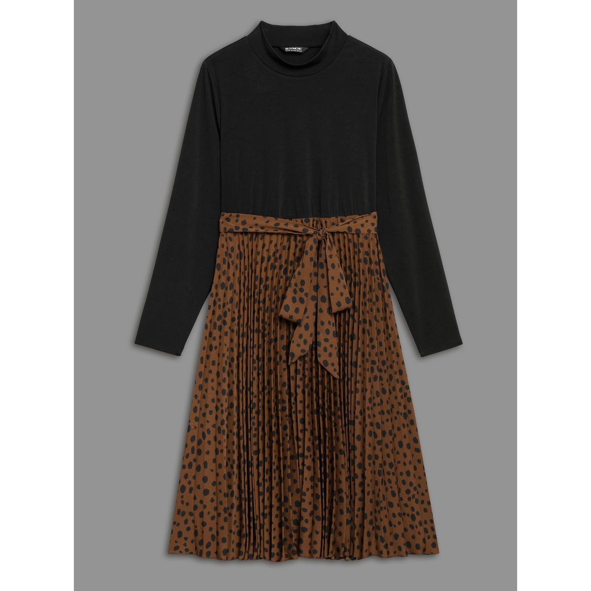 Plus Size Leopard Print Pleated Mock Neck Midi Dress Bronze Women At the Office Belted Mock Neck Long Sleeve Curvy BloomChic 30/6X Product Image