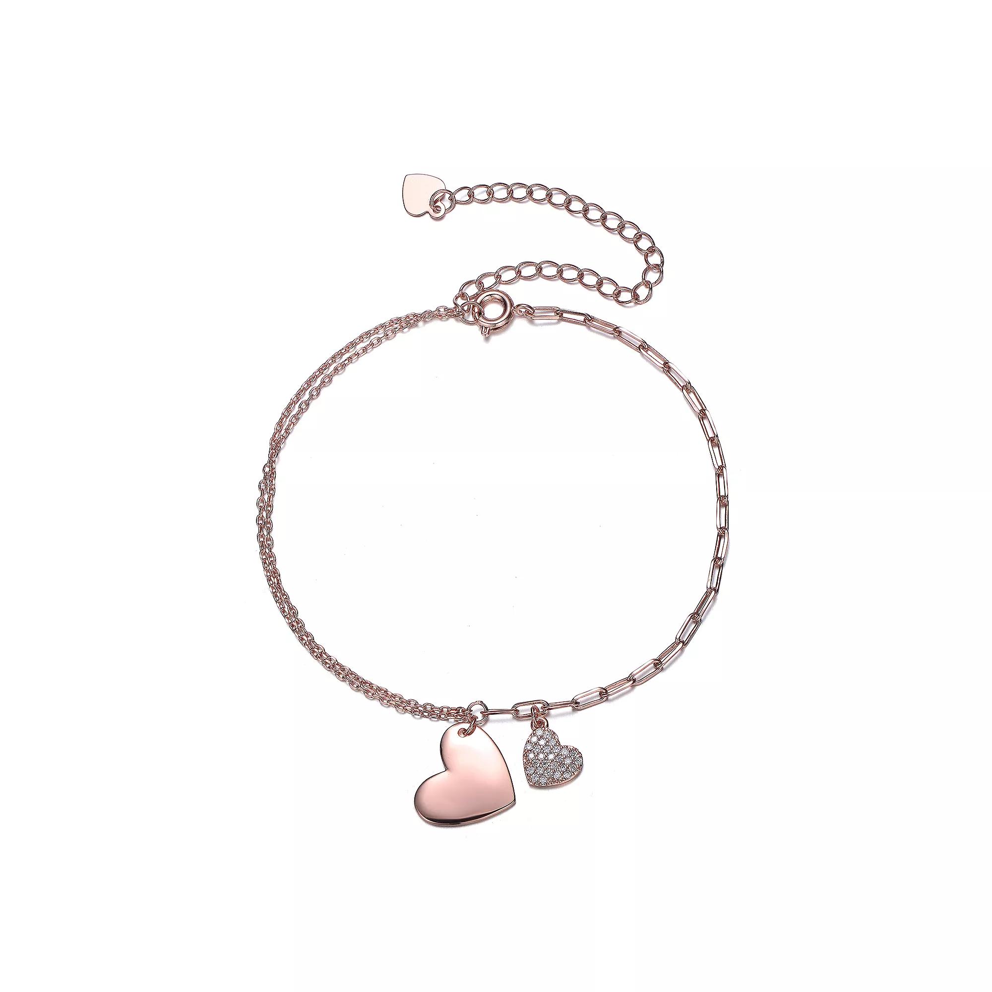 18k Gold Plated Cubic Zirconia Double Heart Charm Bracelet, Womens Pink Product Image