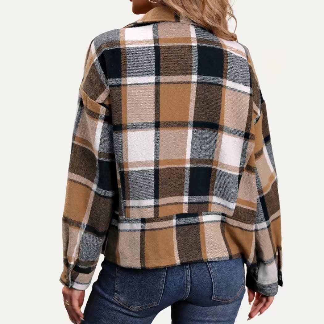 Chic Classic Plaid Collared Neck Asymmetrical Zipper Shacket Product Image