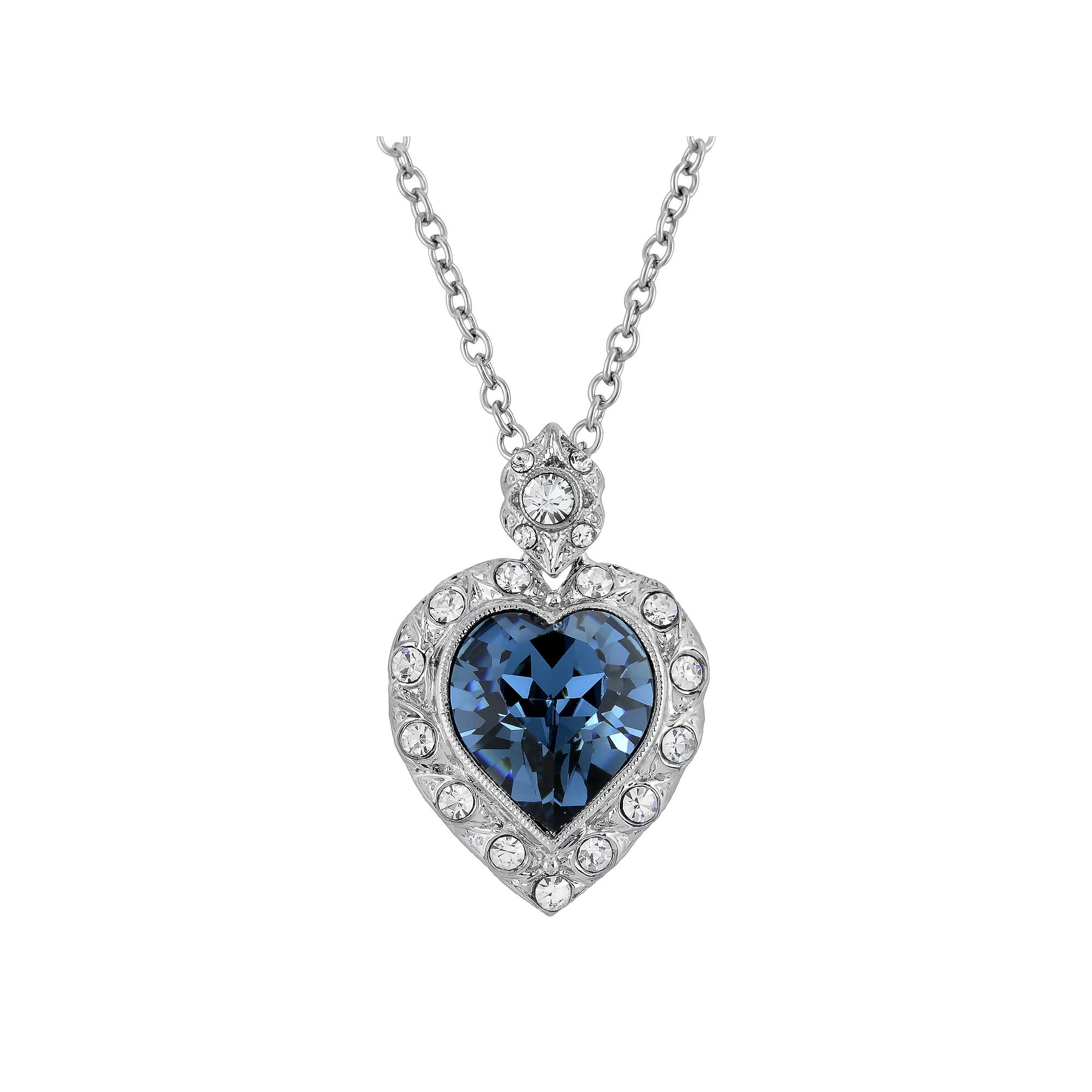 1928 Silver-Tone Blue Montana Heart Pendant Necklace, Womens Product Image