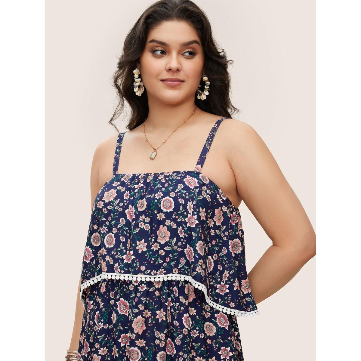 Plus Size Bandana Print Spaghetti Strap Pocket Ruffles Asymmetrical Hem Maxi Dress Navy Women Resort Non Non Sleeveless Curvy Long Dress BloomChic 12/L Product Image