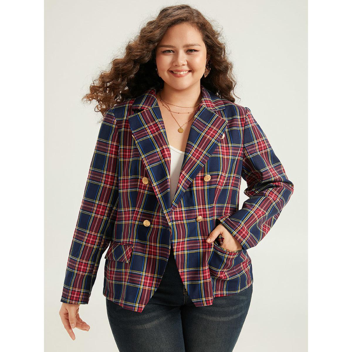 Plus Size Plaid Metal Detail Pocket Blazer Multicolor Women Dailywear Plaid Button Sleeve Long Sleeve Suit Collar 10/M Pocket Casual Blazers BloomChic Product Image