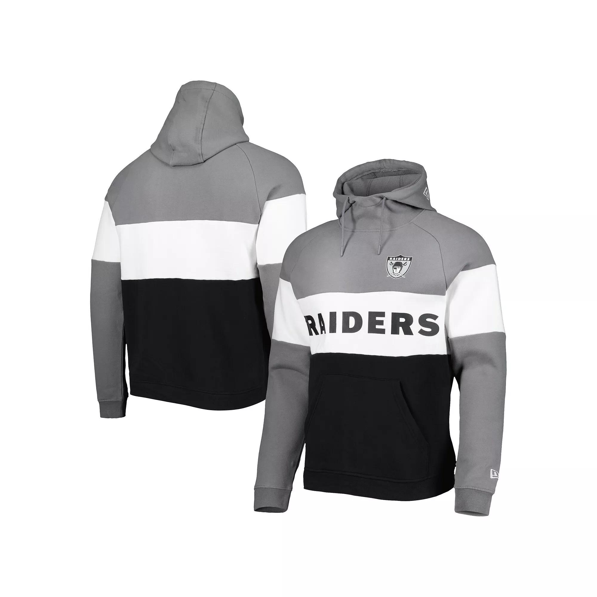 Men's New Era Black/Silver Las Vegas Raiders Colorblock Throwback Pullover Hoodie, Size: Small, Lvr Black Product Image