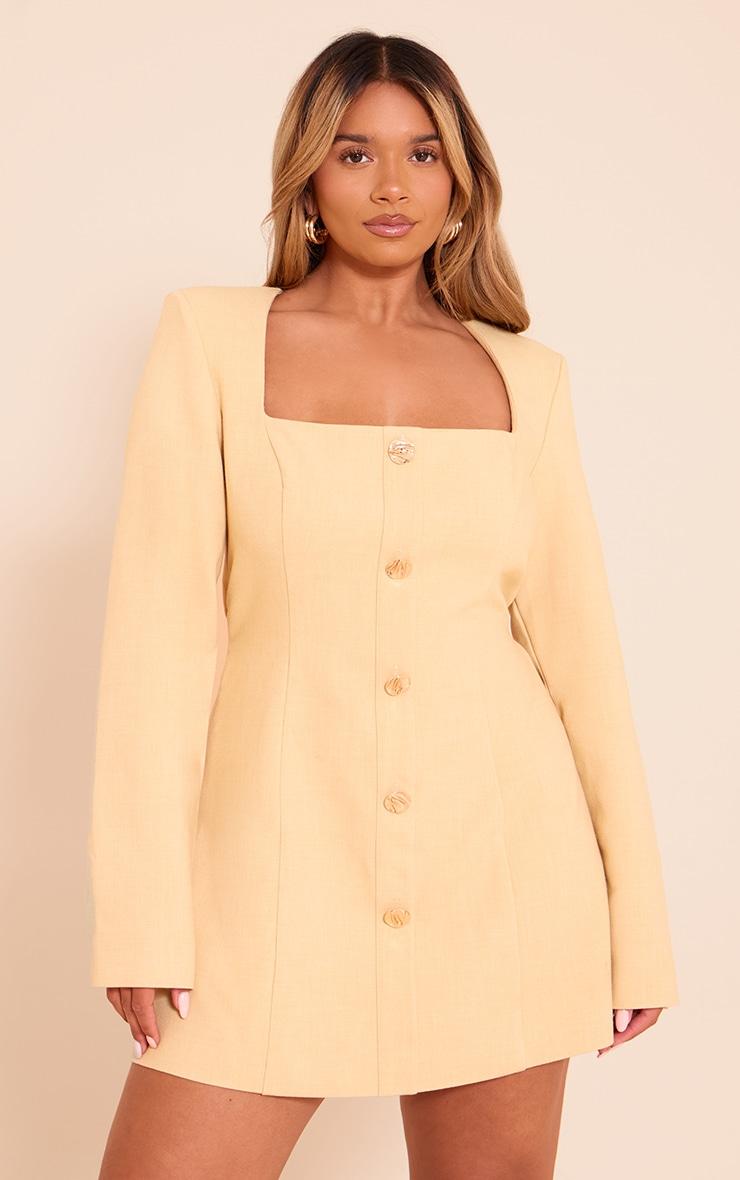 Shape Butter Yellow Tailored Square Neck Hammered Button Mini Dress Product Image