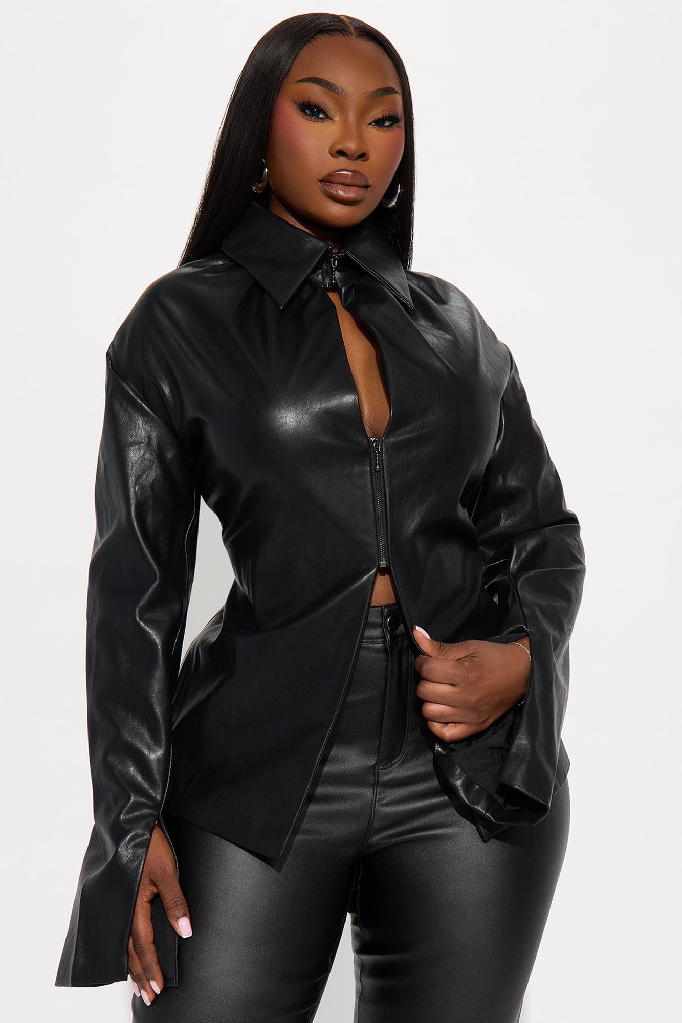 Valerie Faux Leather Zip Front Top - Black Female Product Image