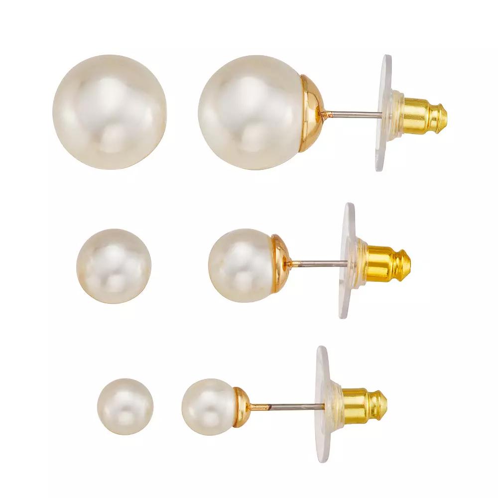 You're Invited Simulated Pearl 3-Pair Stud Earring Set (6/10/12mm), Women's, White Product Image
