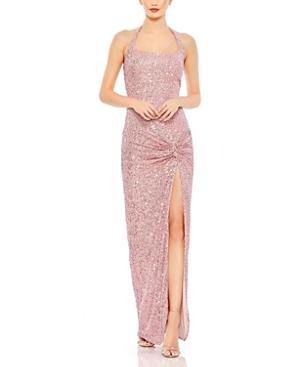 Mac Duggal Sequined Halter Strap Low Side Knot Gown Product Image
