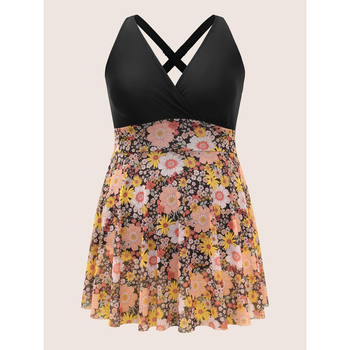 Plus Size Natural Flowers Patchwork Mesh Gathered Swim Dress Women's Swimwear Multicolor Beach Bodycon V-neck High stretch Curve Swim Dresses BloomChic 22-24/3X Product Image