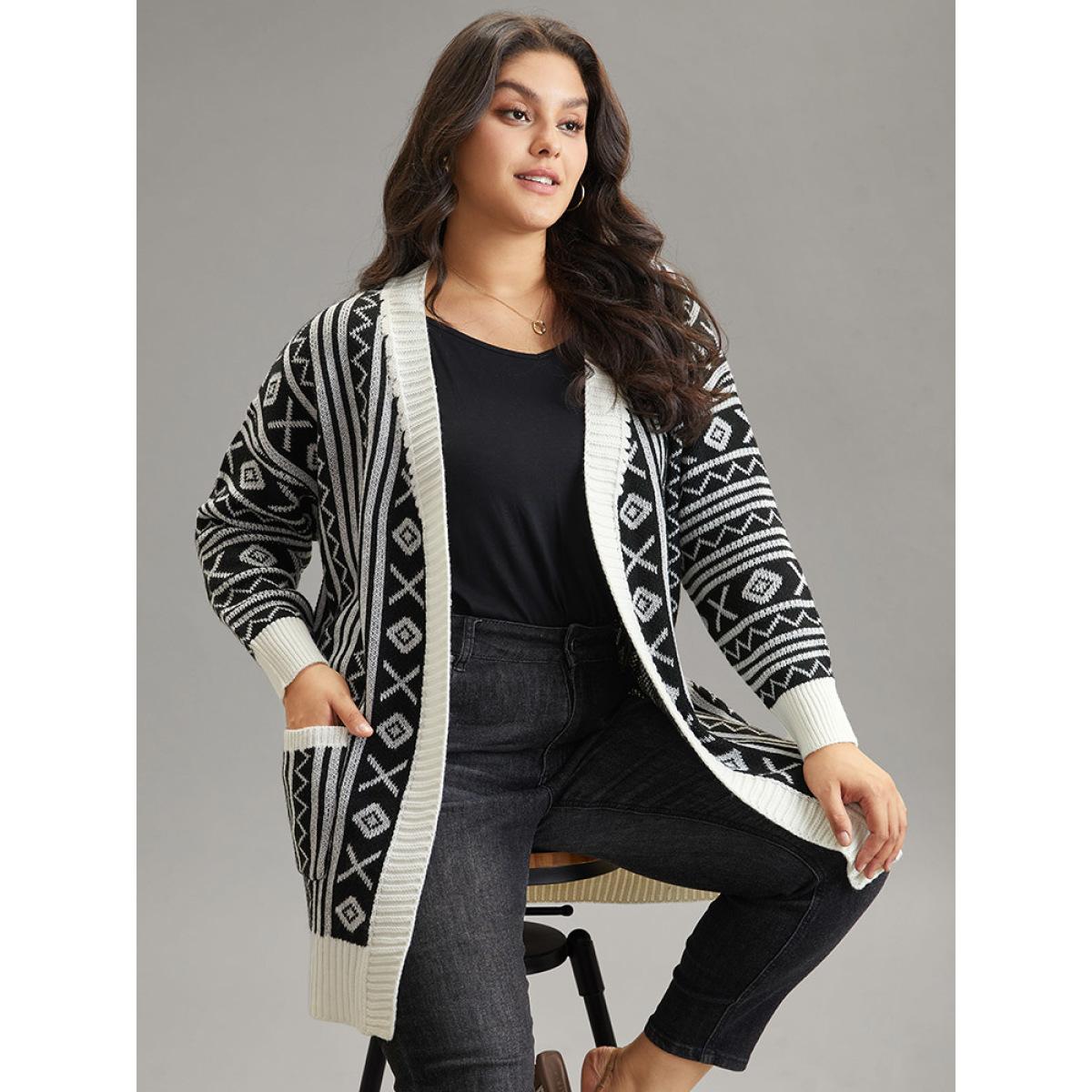 Plus Size Geometric Bandana Contrast Pocket Cardigan Black Women Casual Loose Long Sleeve Dailywear Cardigans BloomChic 26/4X Product Image