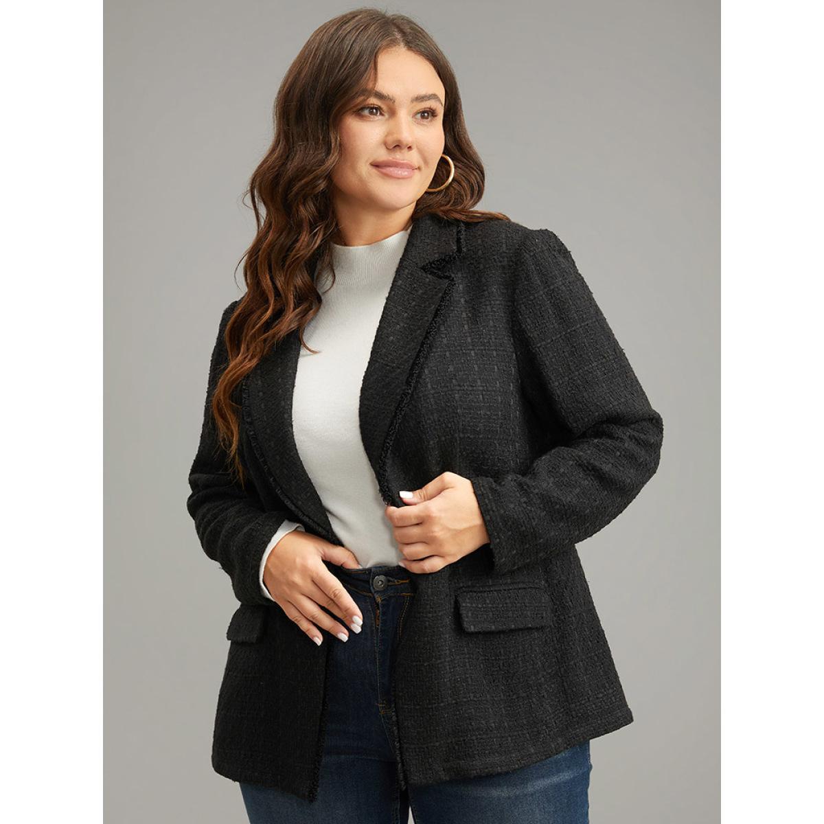 Plus Size Plain Tweed Plisse Pocket Button Through Blazer Black Women Dailywear Plain Texture Sleeve Long Sleeve Suit Collar 12/L Pocket Elegant Blazers BloomChic Product Image