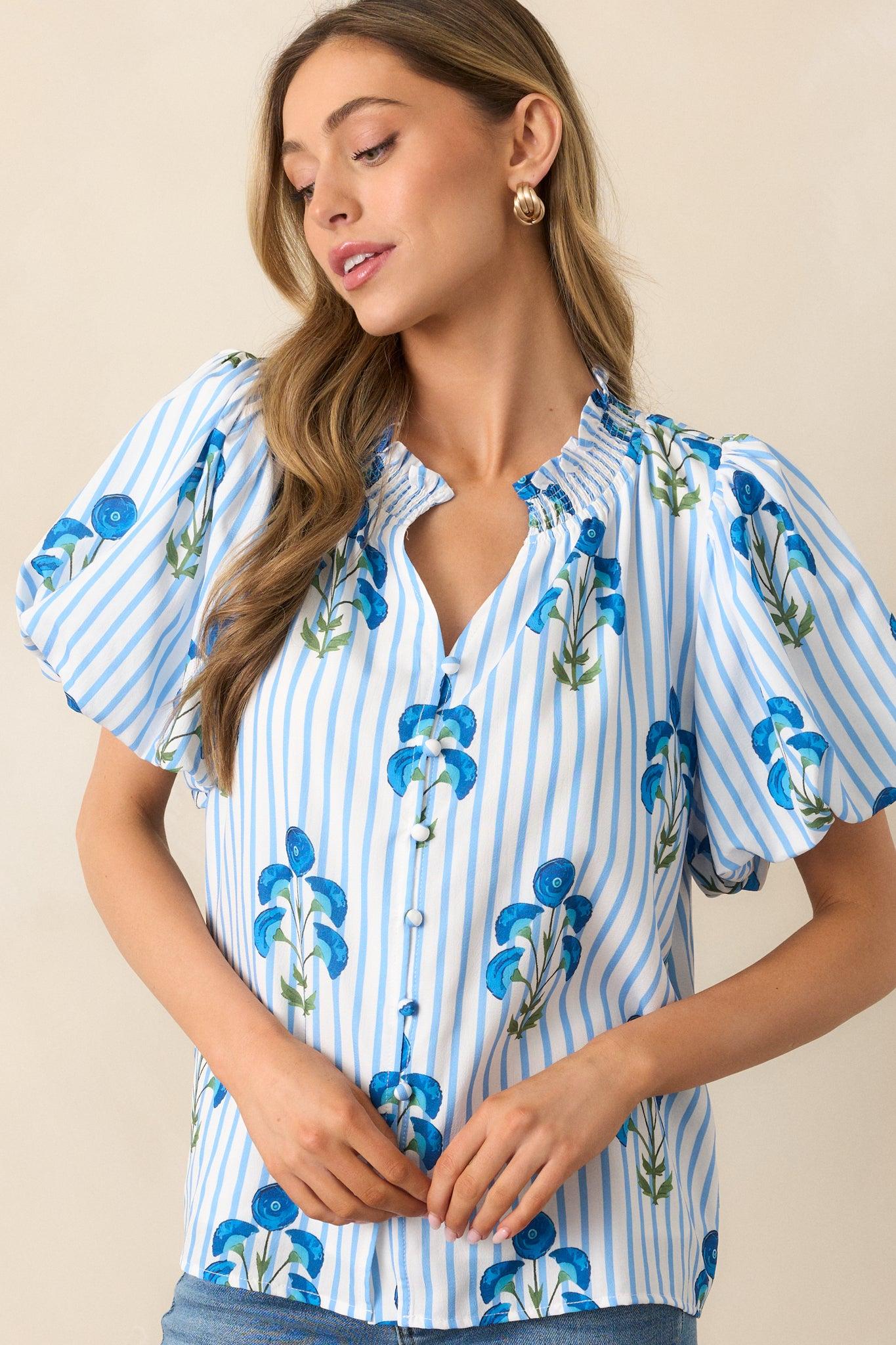 Poppy Fields Blue Button Front Puff Sleeve Top Product Image