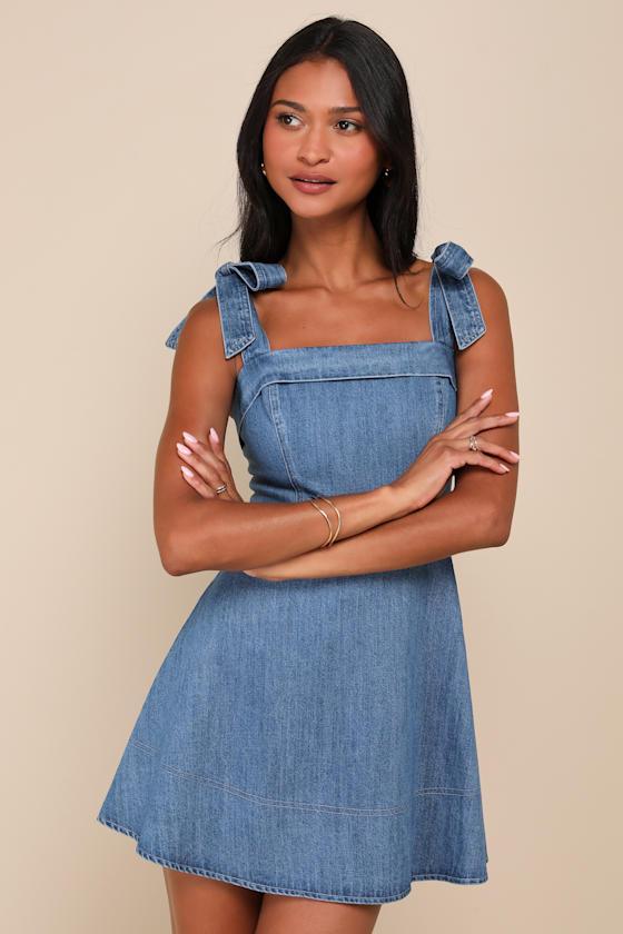 Precisely Sweet Medium Wash Tie-Strap Denim Mini Dress Product Image