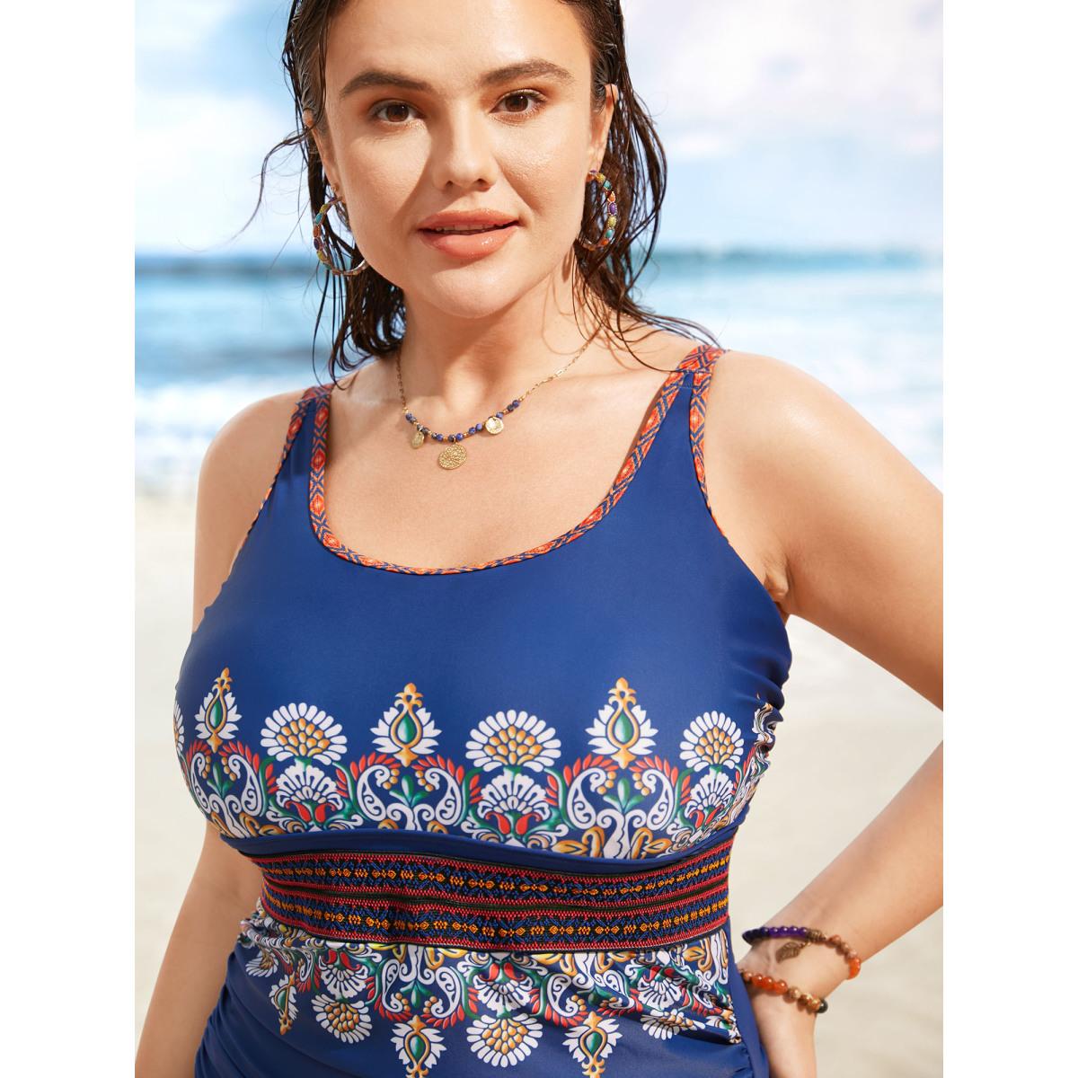 Plus Size U Neck Bandana Contrast Webbing One Piece Swimsuit Women's Swimwear Mediumblue Beach Woven ribbon&lace trim Curve Bathing Suits High stretch One Pieces BloomChic 30/6X Product Image