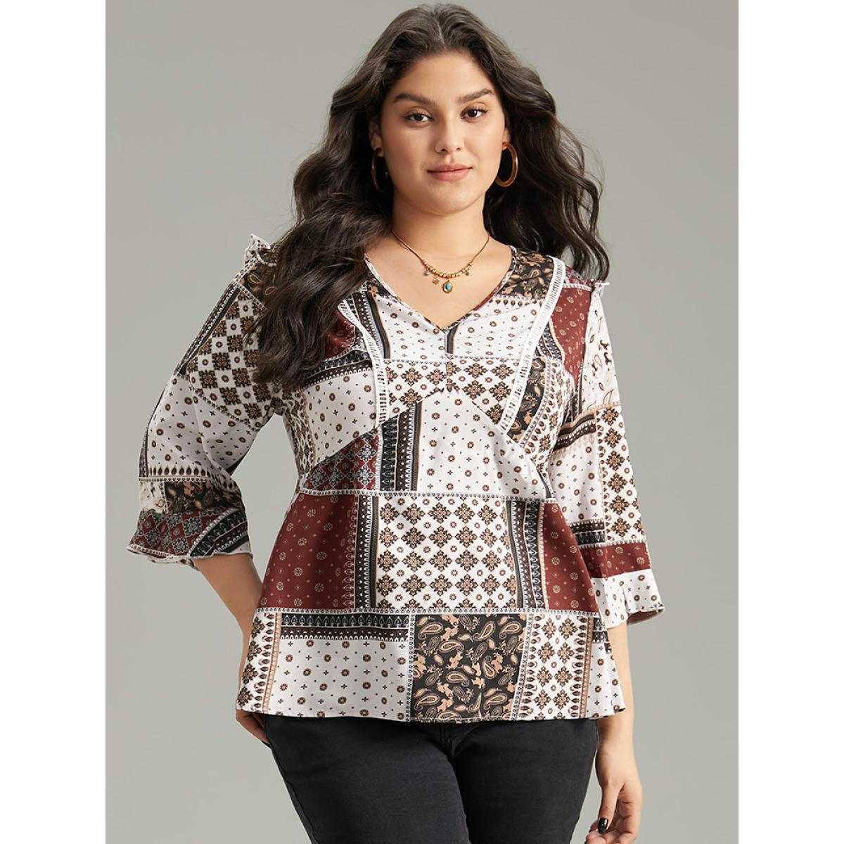 Plus Size Scarlet Moroccan Print Lace Panel Ruffles Frill Trim Blouse Women Vacation Elbow-length sleeve V-neck Vacation Blouses BloomChic 12/L Product Image