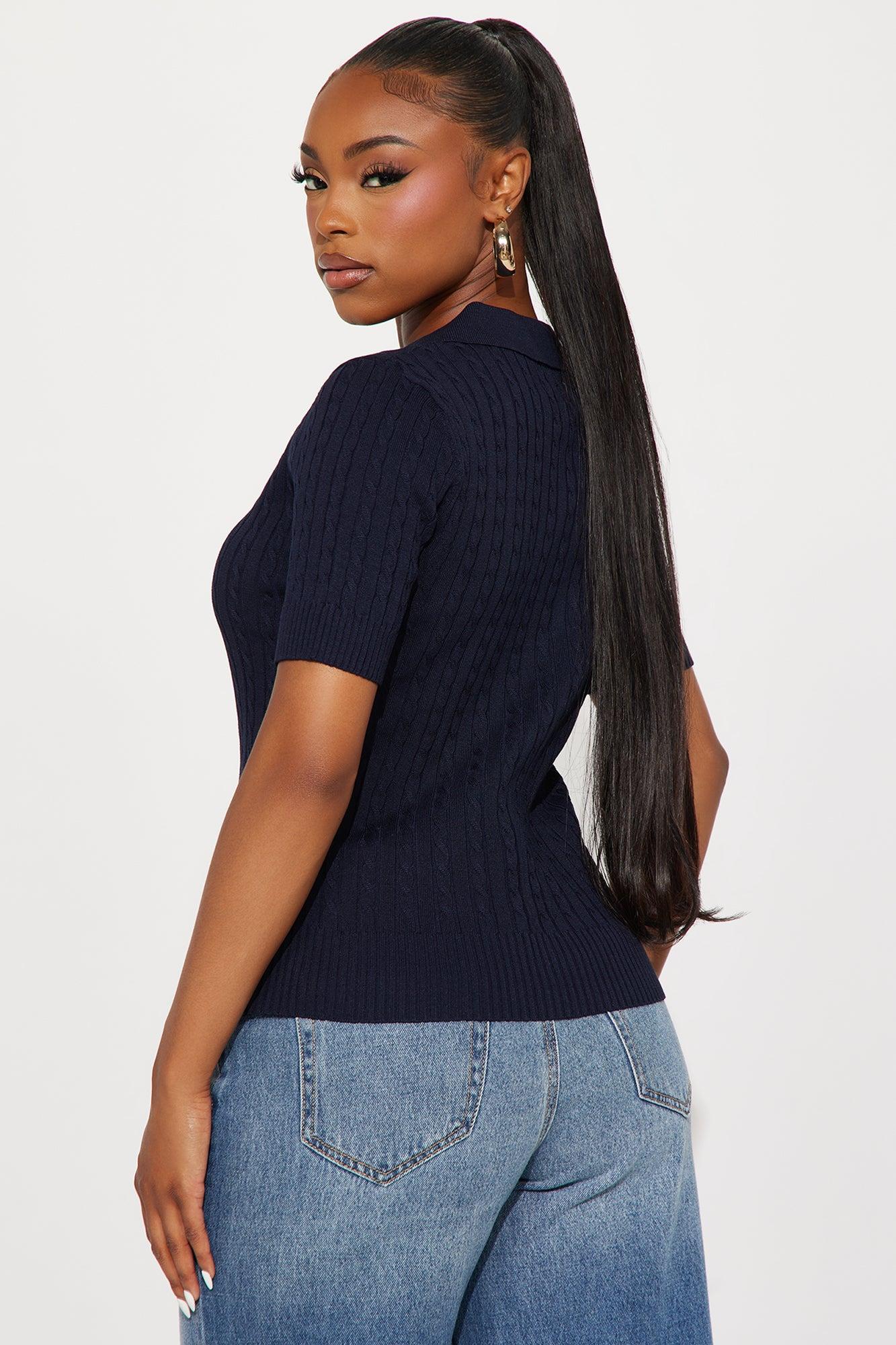 Countryside Short Sleeve Polo Sweater Top - Navy Female Product Image