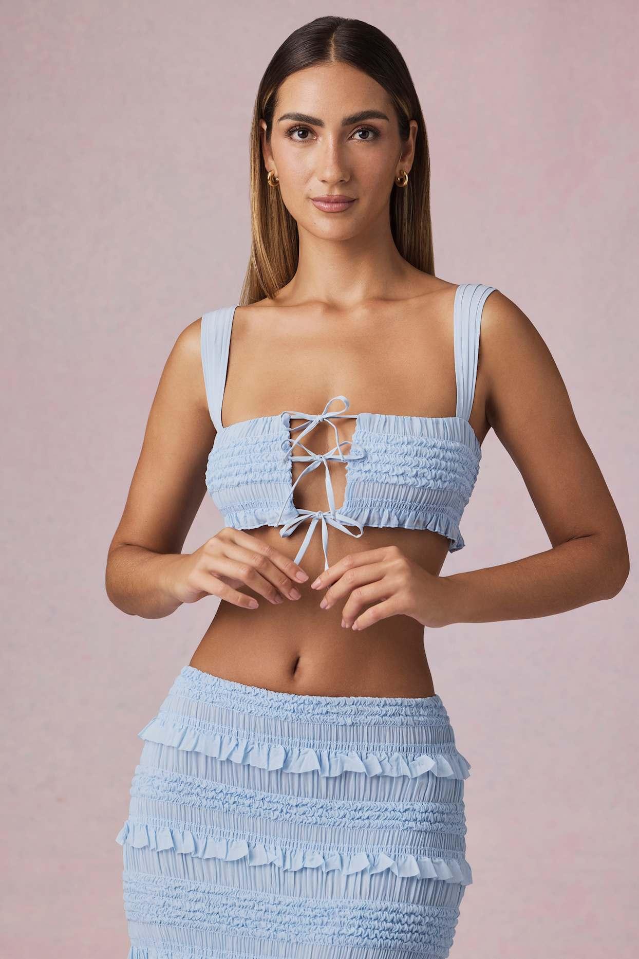 Ruffle Tie-Front Crop Top in Powder Blue Product Image