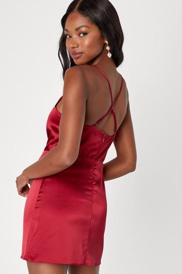 Luxe Reputation Wine Red Satin Sleeveless Cowl Neck Mini Dress Product Image