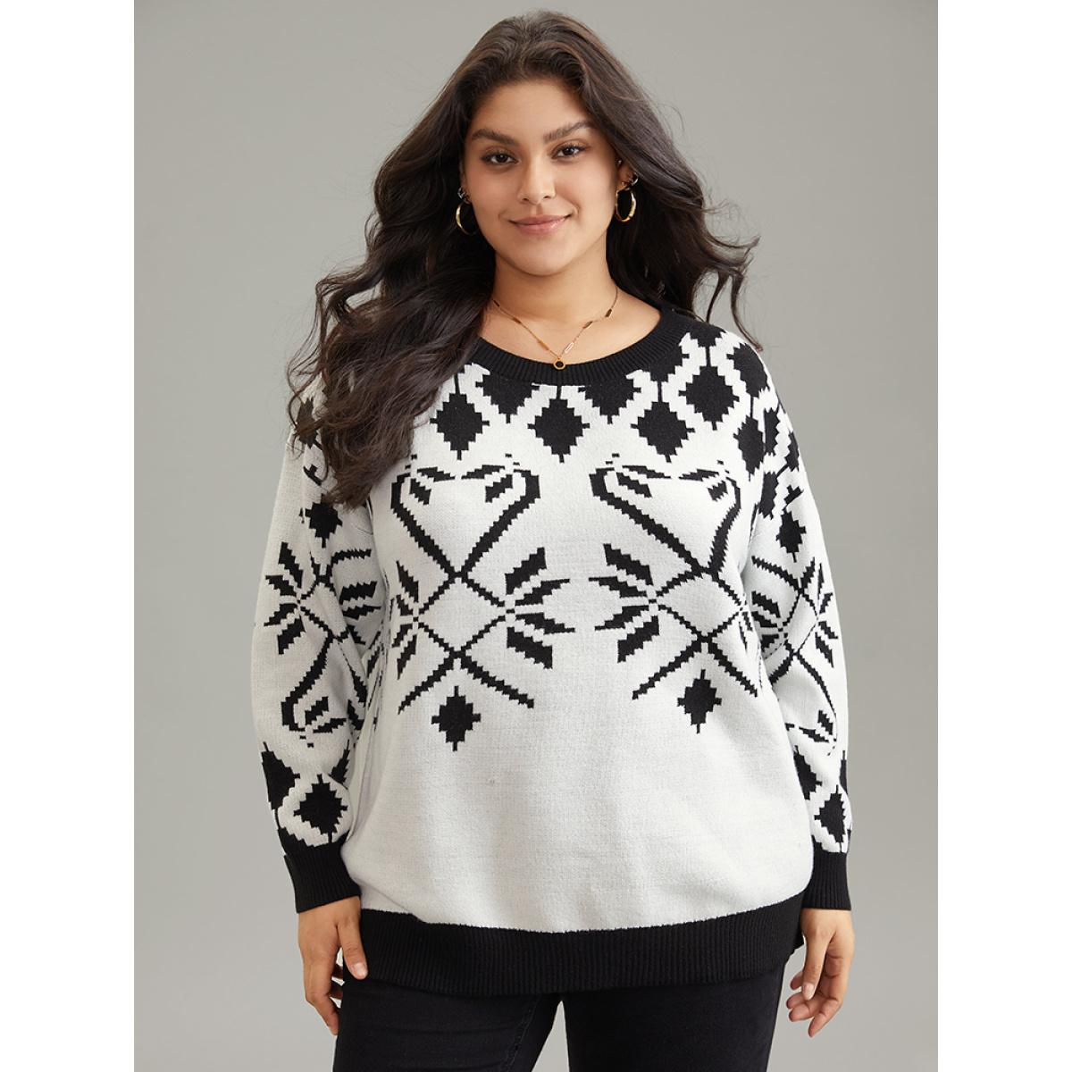 Plus Size Supersoft Essentials Geometric Jacquard Crew Neck Pullover Black Women Casual Loose Long Sleeve Round Neck Dailywear Pullovers BloomChic 14-16/1X Product Image