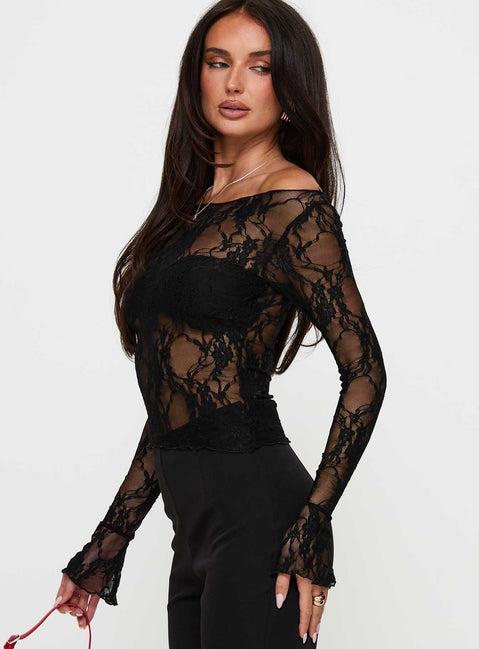 Junah Sheer Lace Long Sleeve Top Black Product Image