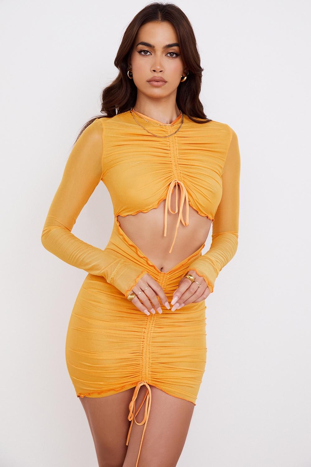 Jeanelle  orange ruched mesh long sleeve cutout mini dress Product Image