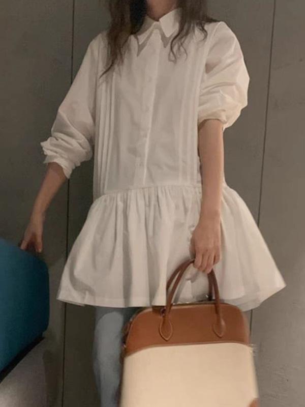 A-Line Long Sleeves Buttoned Pleated Solid Color Lapel Mini Dresses Shirt Dress Product Image