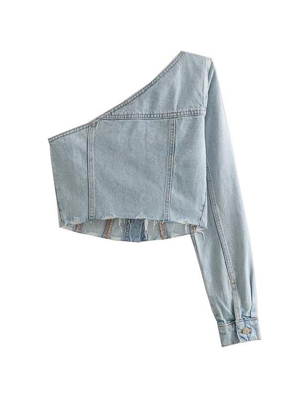 Light Wash Asymmetric Design Denim Short Bandeau Top Product Image