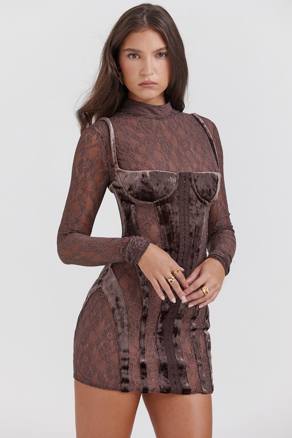Marica  brown velvet & lace corset dress Product Image
