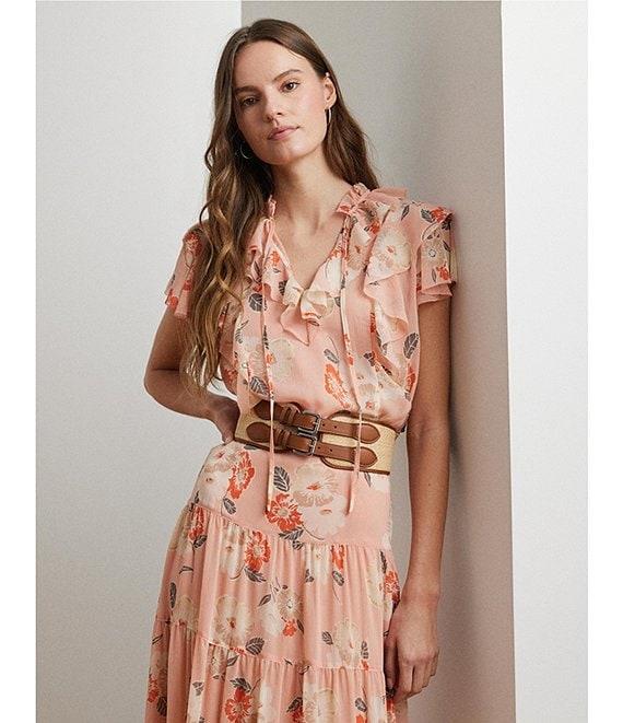 Lauren Ralph Lauren Floral Crinkle Georgette V-Neck Flutter Short Sleeve Blouse Product Image
