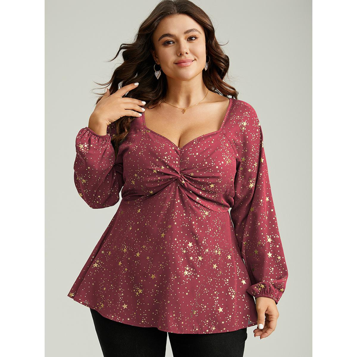 Plus Size Scarlet Star Glitter Square Neck Twist Front Blouse Women Glamour Long Sleeve Square Neck Festival-Christmas Blouses BloomChic 10/M Product Image
