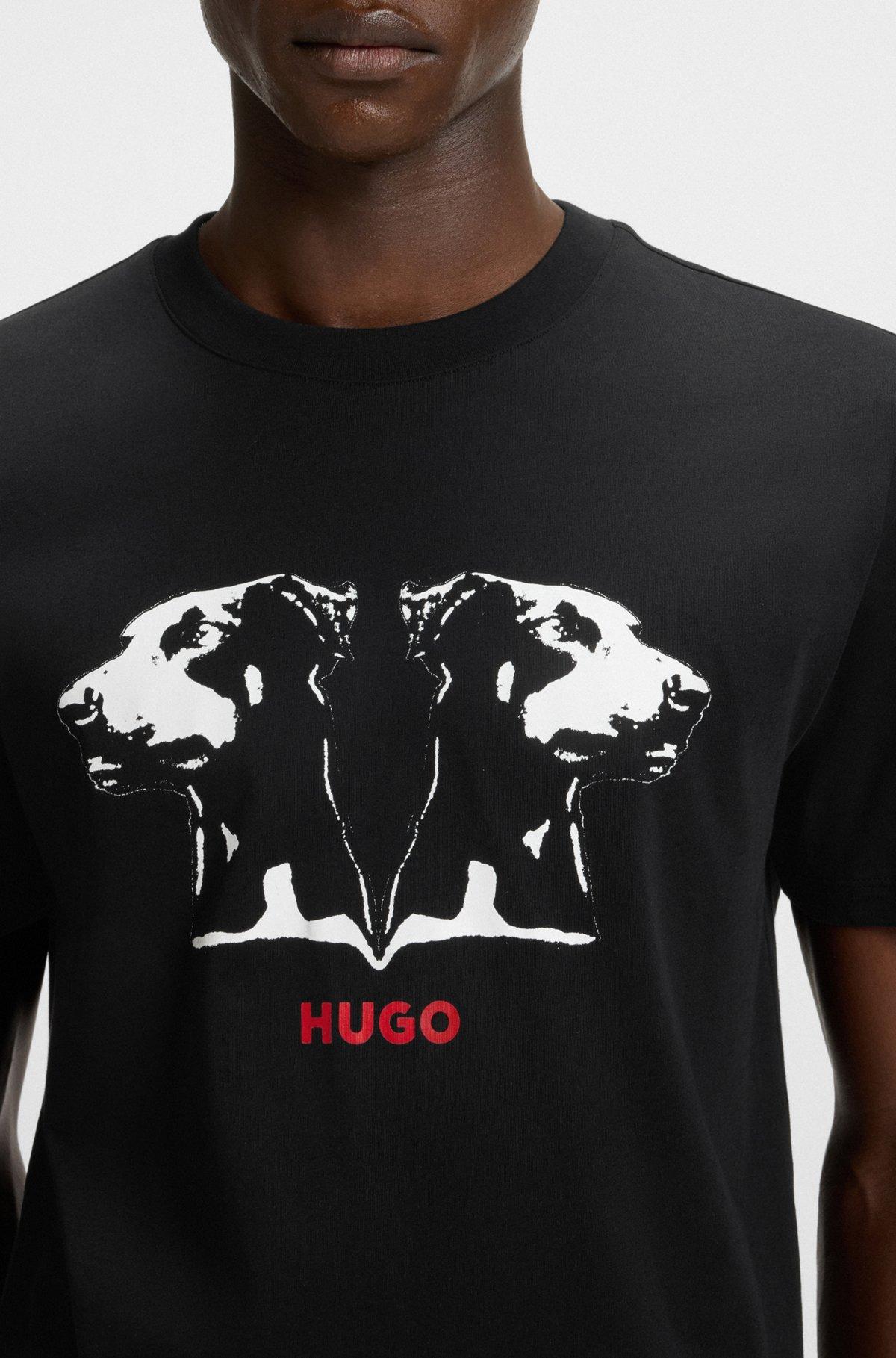 HUGO - Cotton jersey T-shirt with mixed-print logo - Black Product Image