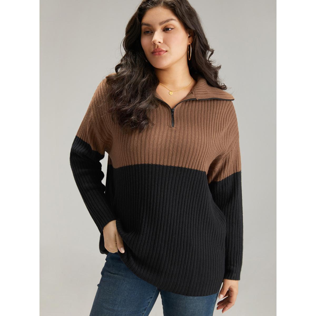 Plus Size Colorblock Contrast Half Zip Lapel Collar Pullover Black Women Casual Loose Long Sleeve Lapel Collar Dailywear Pullovers BloomChic 22-24/3X Product Image