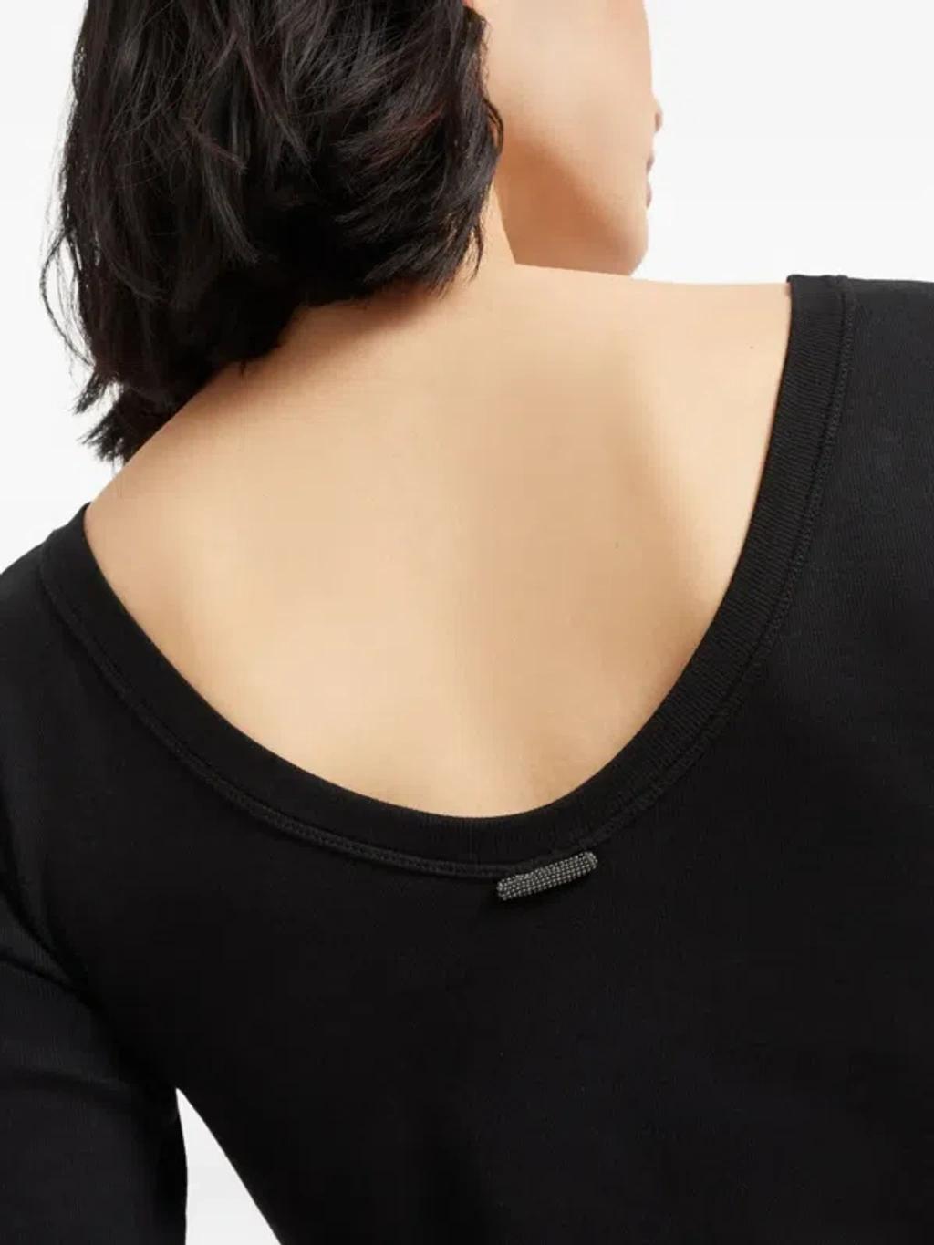 BRUNELLO CUCINELLI Ribbed Scoop Neck Short Sleeve Top In Black Product Image