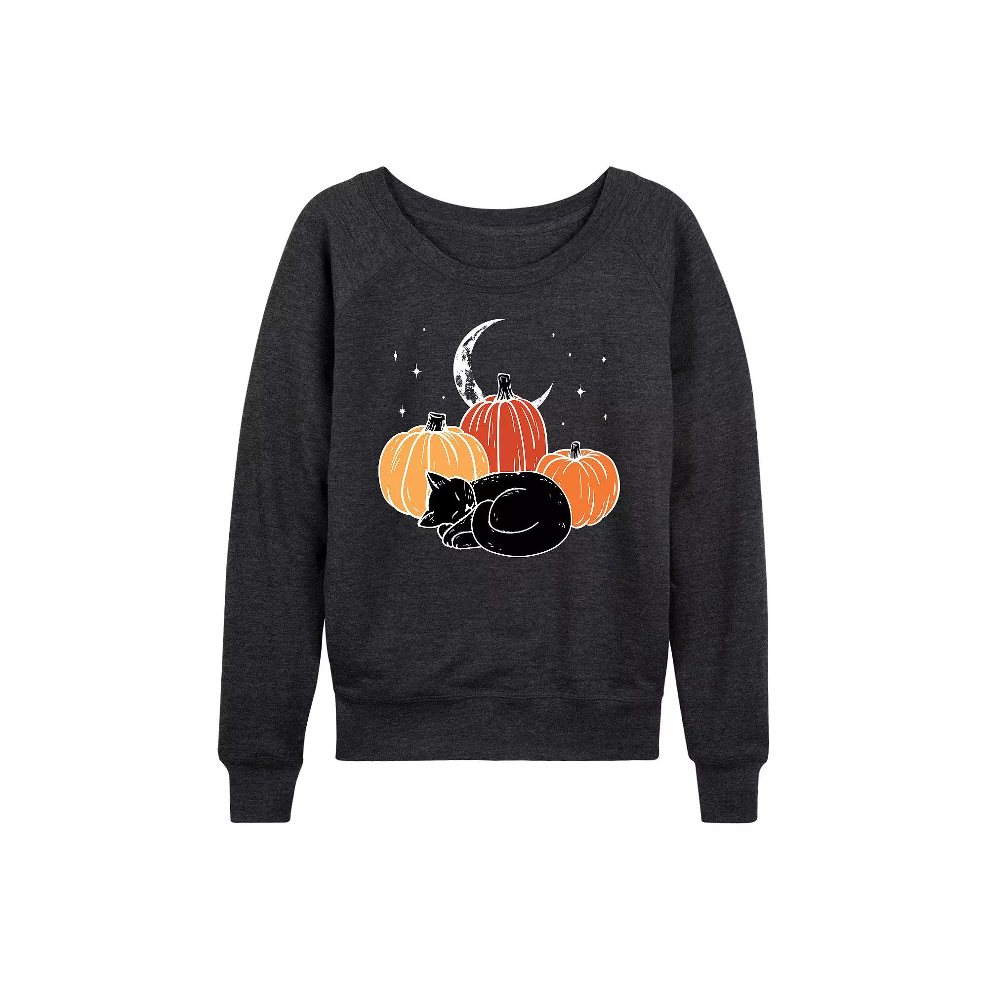 Women's Black Cat Pumpkin Nap French Terry Long Sleeve Tee,  Product Image