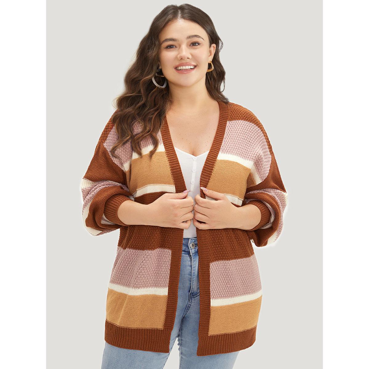 Plus Size Striped Contrast Elastic Cuffs Cardigan Multicolor Women Casual Loose Long Sleeve Dailywear Cardigans BloomChic 30/6X Product Image