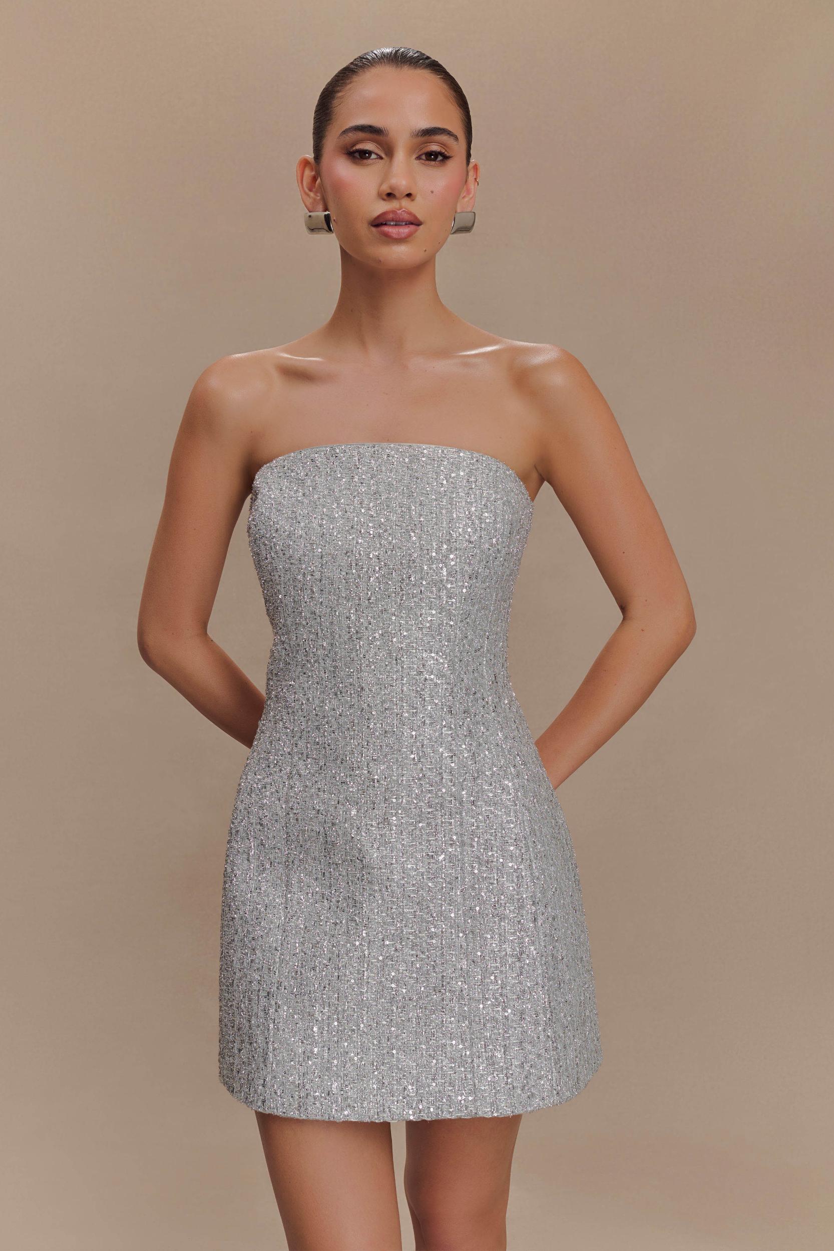 Gala Strapless Tweed Mini Dress - Silver Product Image