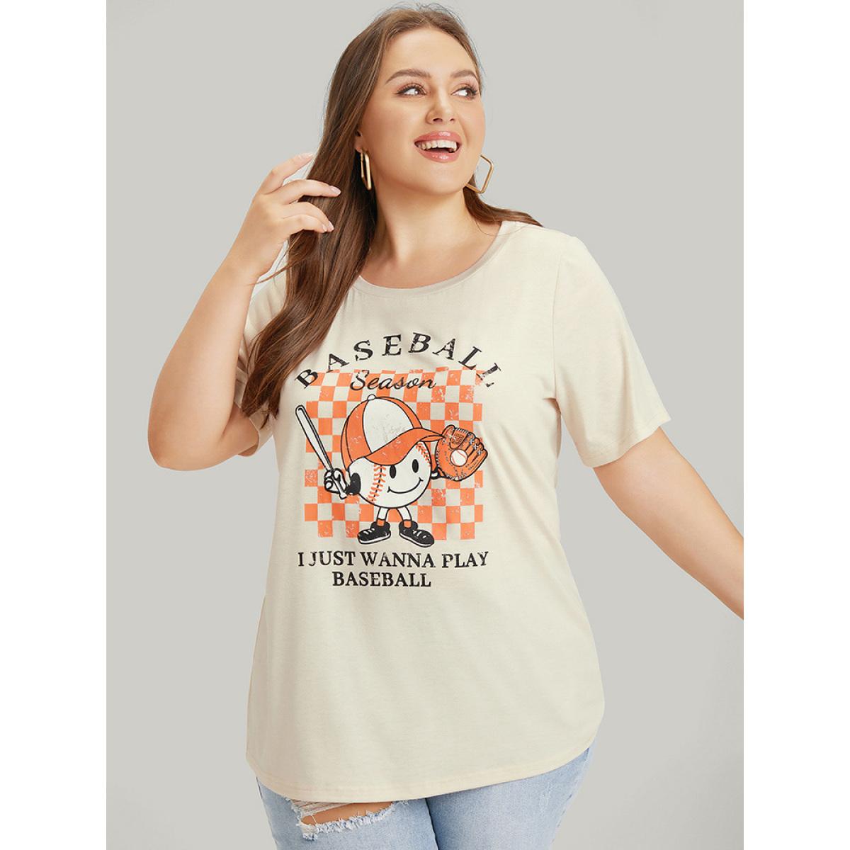 Plus Size Cartoon & Letter Print Crew Neck Graphic T-shirt Apricot Women Casual POP culture Dailywear T-shirts BloomChic 28/5X Product Image