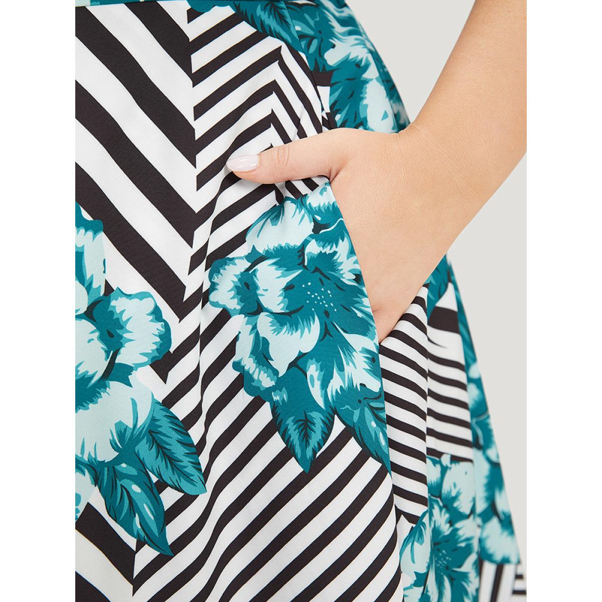 Plus Size Floral & Striped Patchwork Pocket Gathered Dress Teal Women Office Gathered V-neck Short sleeve Curvy Midi Dress BloomChic 14-16/1X Product Image