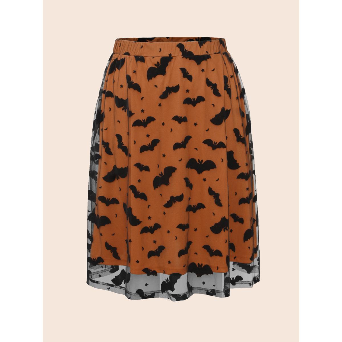 Plus Size Bat Motif A-Line Midi Skirt Women Brightorange Elegant Low stretch Everyday Skirts BloomChic 26/4X Product Image
