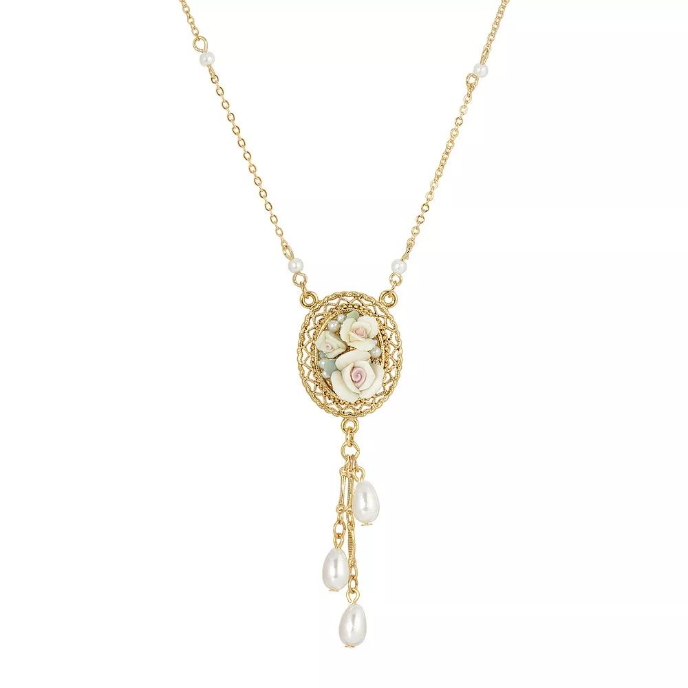 1928 Gold Tone Porcelain Rose Pendant Necklace with Simulated Pearl Drops, Womens, White Product Image