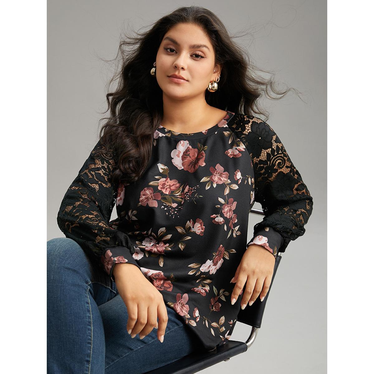 Plus Size Floral Lace Panel Raglan Sleeve Sweatshirt Women Black Elegant Printed Round Neck Dailywear Sweatshirts BloomChic 14-16/1X Product Image