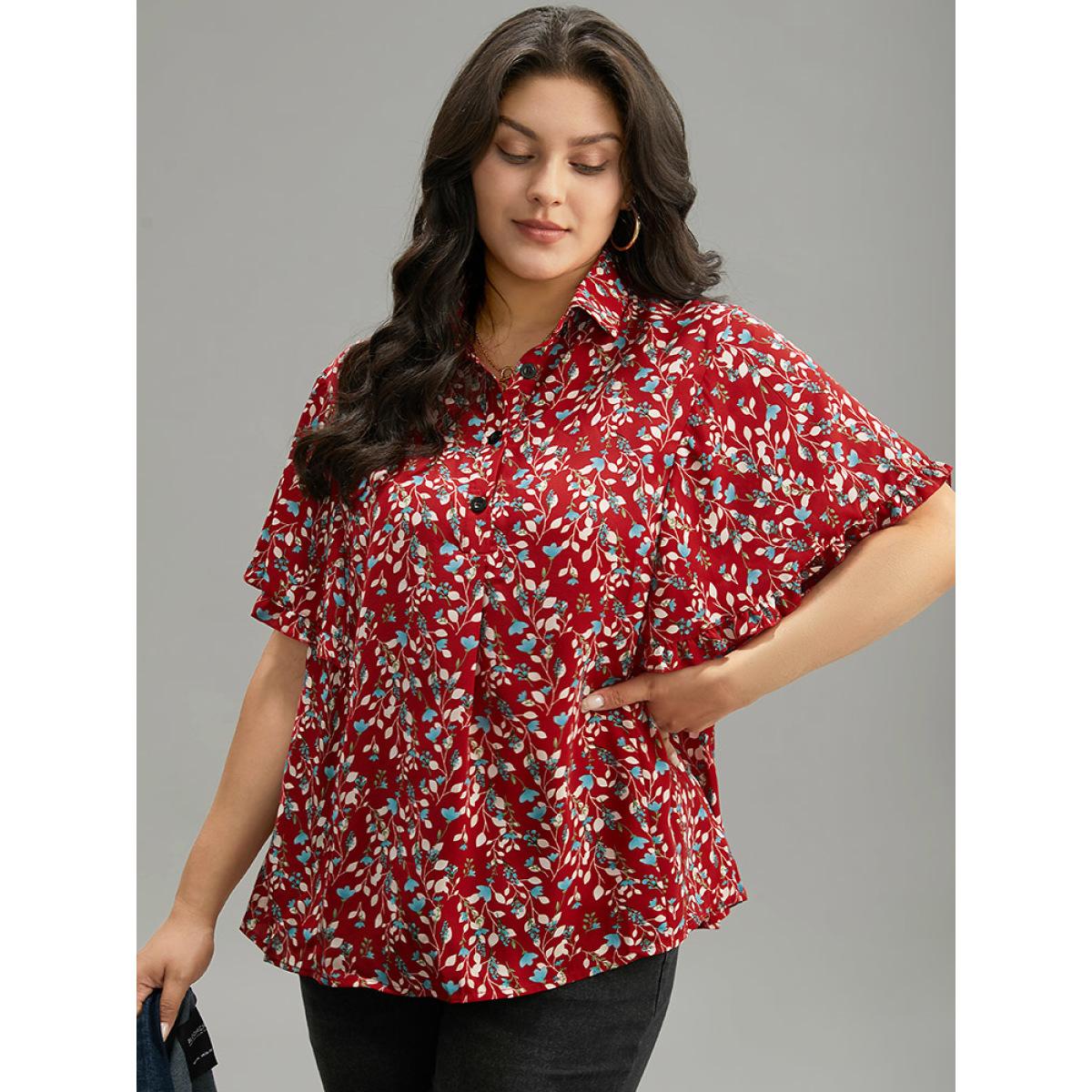 Plus Size Maroon Ditsy Floral Shirt Collar Button Through Ruffle Sleeve Blouse Women Elegant Short sleeve Shirt collar Dailywear Blouses BloomChic 22-24/3X Product Image
