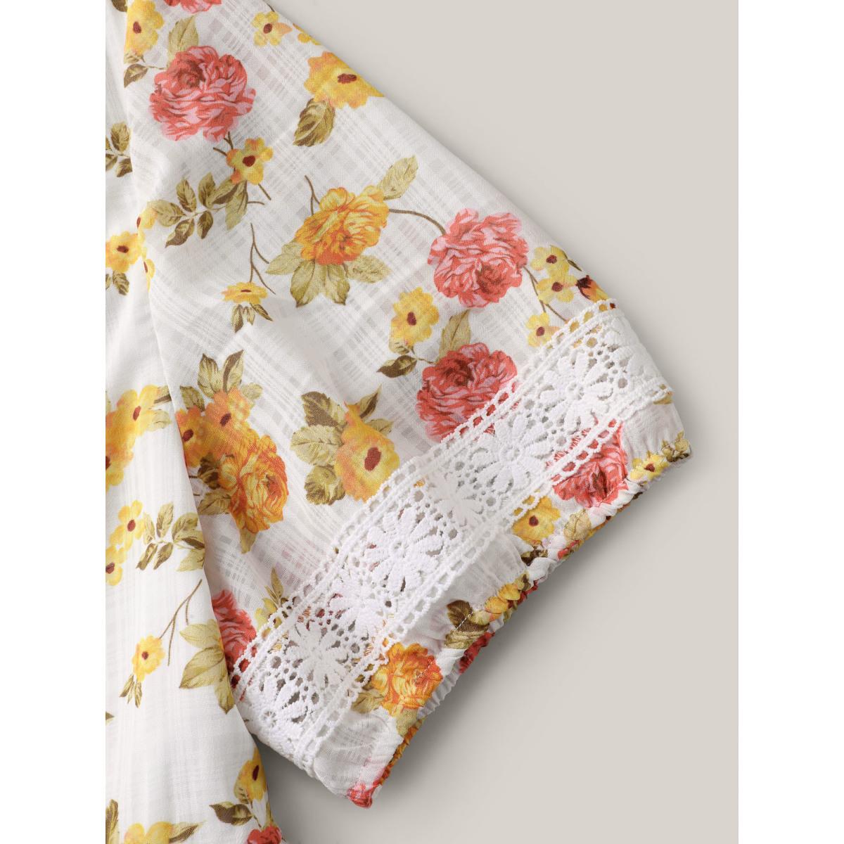 Plus Size Multicolor Floral Lace Trim Textured Babydoll Top Women Short sleeve V-neck Vacation Blouses BloomChic 22-24/3X Product Image