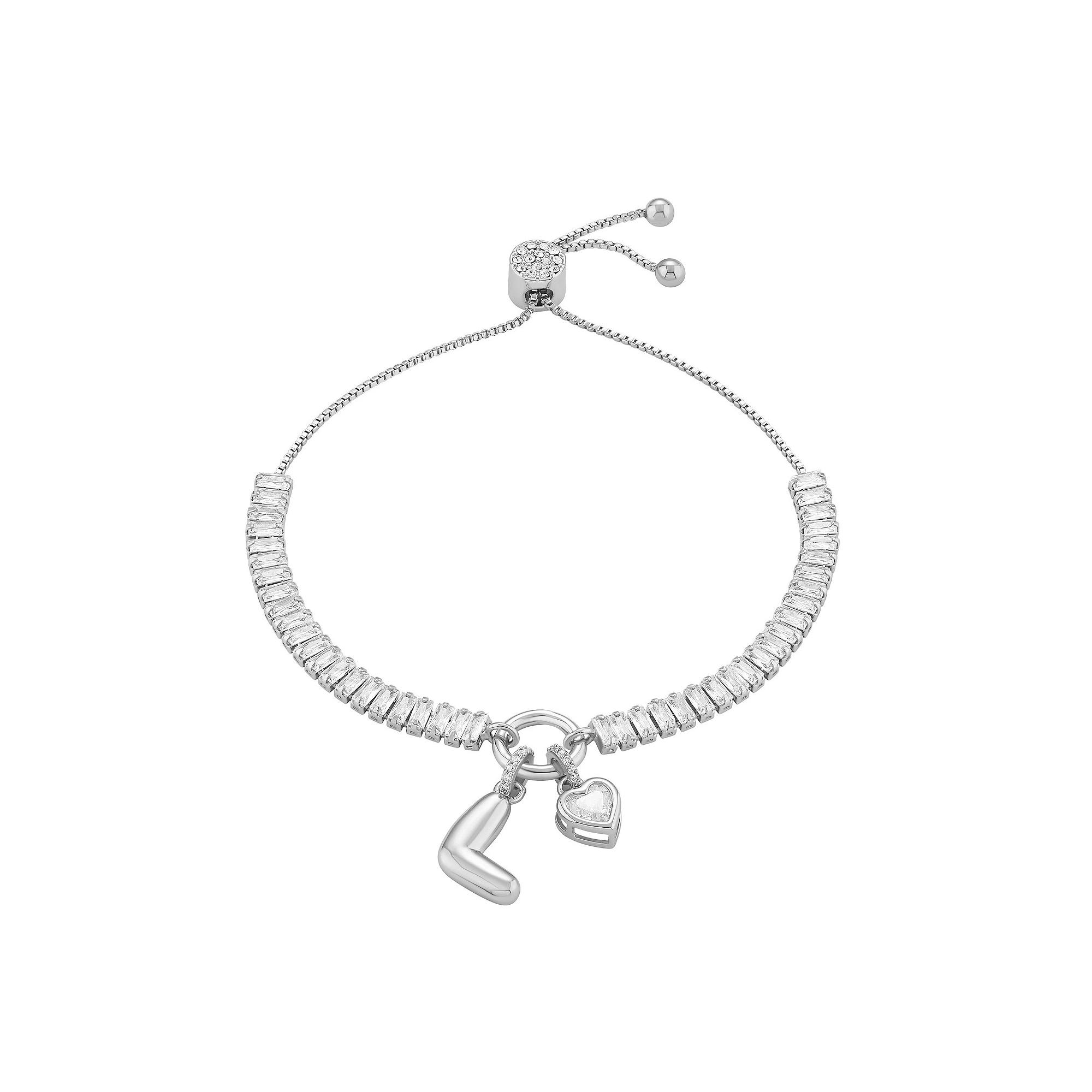 Brilliance Cubic Zirconia Heart & Polished Bubble Initial Charm Adjustable Bracelet, Women's, Size: 4-10" ADJ, Silver Tone W Product Image
