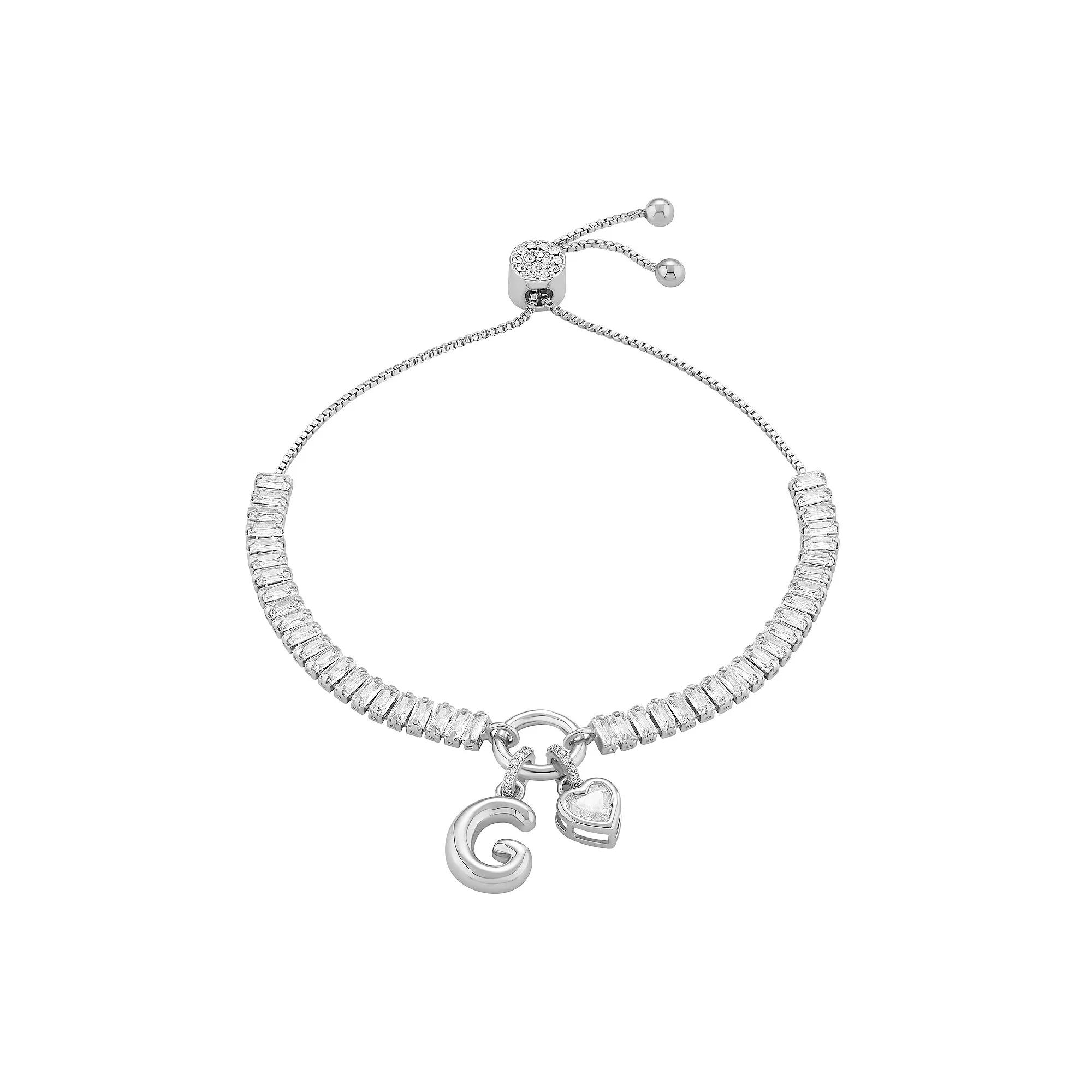 Brilliance Cubic Zirconia Heart & Polished Bubble Initial Charm Adjustable Bracelet, Women's, Size: 4-10" ADJ, Silver Tone F Product Image