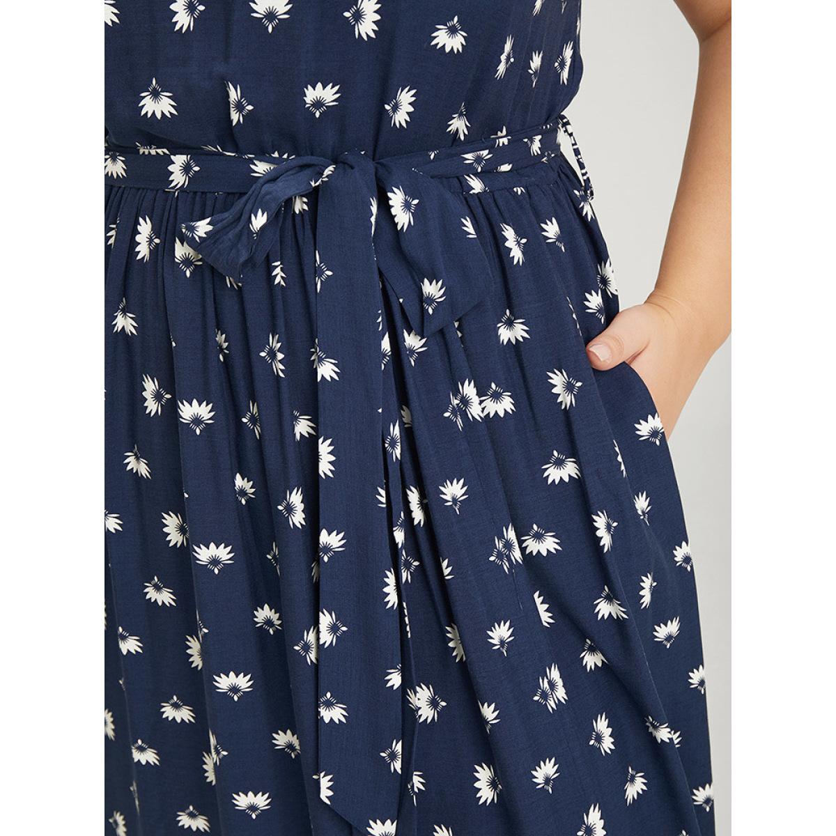 Plus Size Boho Print Knot Halter Pocket Belted Split Dress Indigo Women Vacation Gathered Halter neck Sleeveless Curvy Midi Dress BloomChic 28/5X Product Image