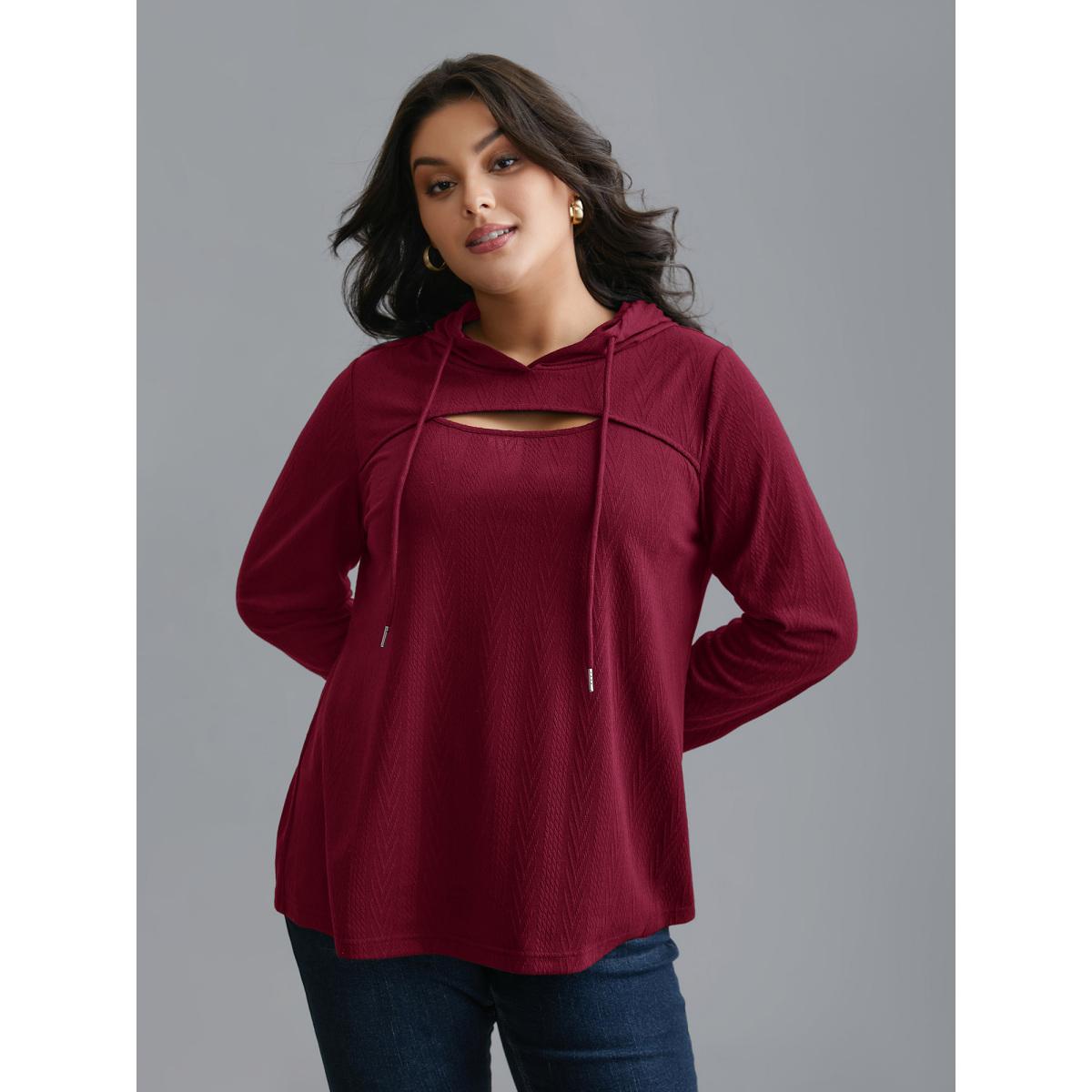 Plus Size Neck Cut-Out Elastic Textured Hoodie Women Burgundy Elegant Texture Bodycon Hooded Everyday Sweatshirts BloomChic 10/M Product Image