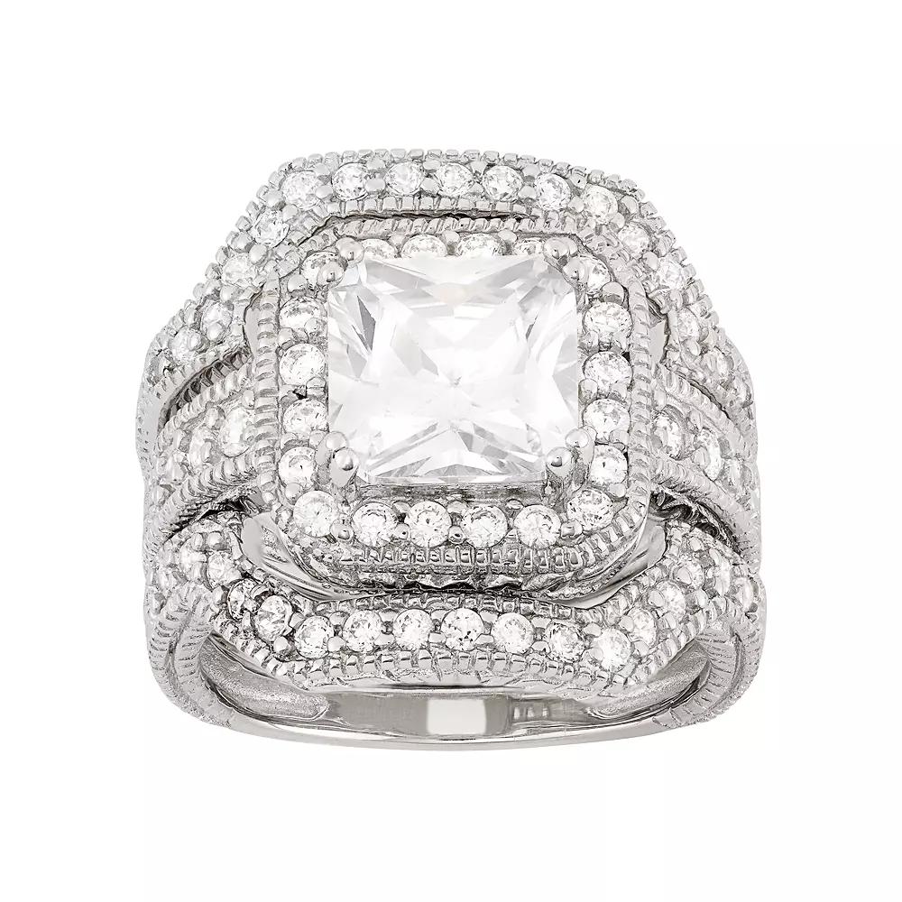 Cubic Zirconia Halo Engagement Ring Set in Sterling Silver, Women's, Size: 9 Product Image